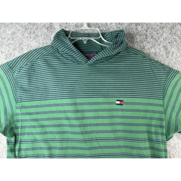 Vintage Tommy Hilfiger Shirt Men's Size XL Green Striped Hooded Short Sleeves - Picture 2 of 7